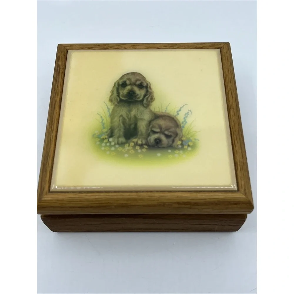Vtg Kimberly Graphic Art Tile Jewelry Box Cocker Spaniel Puppies 5